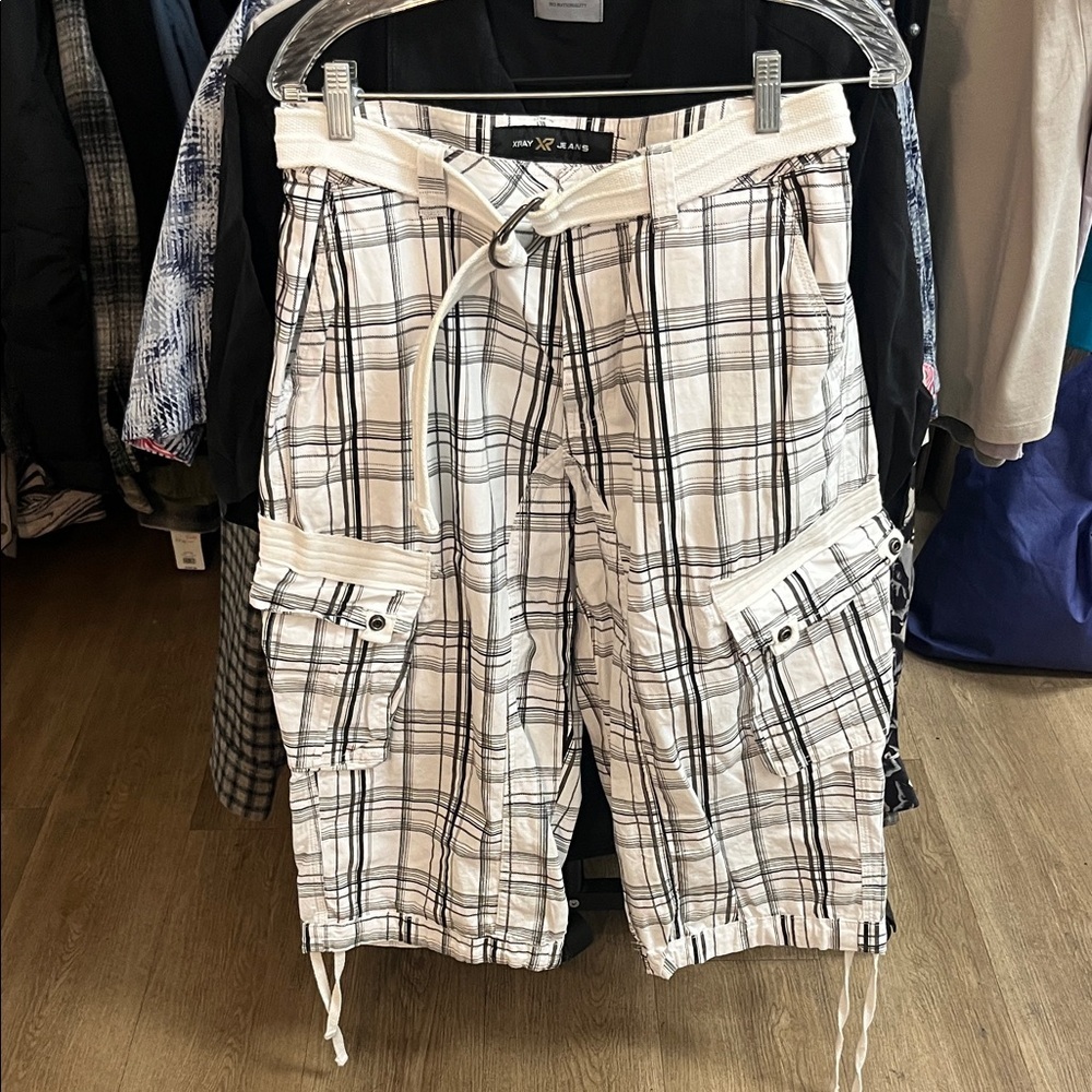X-RAY White and Black Checkered Belted Cargo Shorts